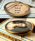 Antique French 18th Century Portrait Miniature, Young Woman in 14k Gold Locket Brooch Frame