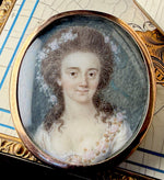 Antique French 18th Century Portrait Miniature, Young Woman in 14k Gold Locket Brooch Frame