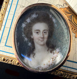 Antique French 18th Century Portrait Miniature, Young Woman in 14k Gold Locket Brooch Frame