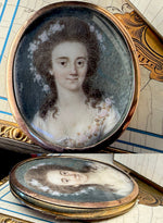 Antique French 18th Century Portrait Miniature, Young Woman in 14k Gold Locket Brooch Frame