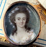 Antique French 18th Century Portrait Miniature, Young Woman in 14k Gold Locket Brooch Frame