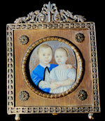Charming Antique Portrait Miniature of Children, Boy and Girl in French Empire Bronze Frame
