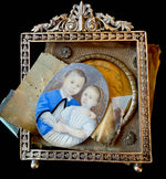 Charming Antique Portrait Miniature of Children, Boy and Girl in French Empire Bronze Frame