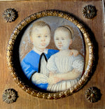 Charming Antique Portrait Miniature of Children, Boy and Girl in French Empire Bronze Frame
