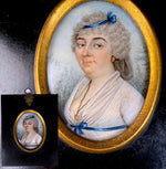 French Portrait Miniature of a Lady in Empire Dress w Fichu and Powdered Wig, Late 18th Century
