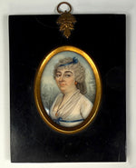 French Portrait Miniature of a Lady in Empire Dress w Fichu and Powdered Wig, Late 18th Century