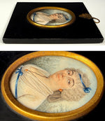 French Portrait Miniature of a Lady in Empire Dress w Fichu and Powdered Wig, Late 18th Century