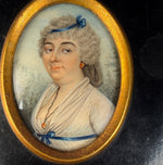 French Portrait Miniature of a Lady in Empire Dress w Fichu and Powdered Wig, Late 18th Century