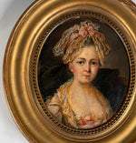 Antique Portrait of a Lady 18th Century Oil on Board in Original Carved & Gilded Oval Frame