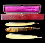 Boxed Set of Three Antique Belle Epoch Straight Razors – Diamondine Rud Herold, New York, Ivory and Tortoise Shell