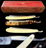 Boxed Set of Three Antique Belle Epoch Straight Razors – Diamondine Rud Herold, New York, Ivory and Tortoise Shell