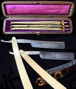 Boxed Set of Three Antique Belle Epoch Straight Razors – Diamondine Rud Herold, New York, Ivory and Tortoise Shell