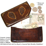 Fine Antique Italian Leather Wallet, Paper Money Case, Tooled, Gilt Embossed & Heraldry