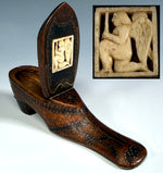 Antique French Hand Carved 5.5" Long Shoe or Boot Snuff Box w Angel, Pique, 18th Century to Early 1800s