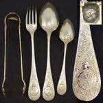 Gorgeous Antique French 18k Gold Vermeil on Sterling Silver 3pc Dessert Setting for One + Sugar Tongs