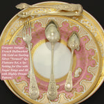 Gorgeous Antique French 18k Gold Vermeil on Sterling Silver 3pc Dessert Setting for One + Sugar Tongs