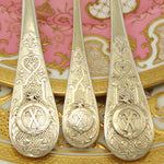 Gorgeous Antique French 18k Gold Vermeil on Sterling Silver 3pc Dessert Setting for One + Sugar Tongs