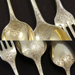 Gorgeous Antique French 18k Gold Vermeil on Sterling Silver 3pc Dessert Setting for One + Sugar Tongs