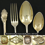 Gorgeous Antique French 18k Gold Vermeil on Sterling Silver 3pc Dessert Setting for One + Sugar Tongs