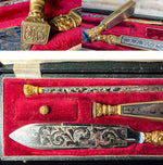Antique French Niello Dip Pen, Wax Seal and Letter Opener Page Turner Set in Necessaire c.1810, Engraved