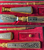 Antique French Niello Dip Pen, Wax Seal and Letter Opener Page Turner Set in Necessaire c.1810, Engraved