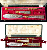 Antique French Niello Dip Pen, Wax Seal and Letter Opener Page Turner Set in Necessaire c.1810, Engraved