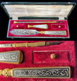 Antique French Niello Dip Pen, Wax Seal and Letter Opener Page Turner Set in Necessaire c.1810, Engraved