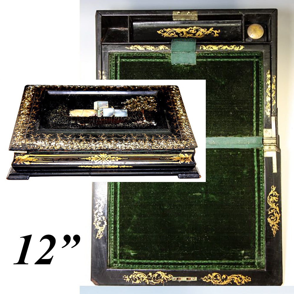 Fine 19th C. Papier Mache Writing Box, Slope, HP & MO Pearl Inlay Decoration