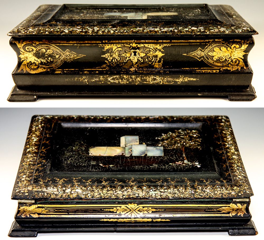 Fine 19th C. Papier Mache Writing Box, Slope, HP & MO Pearl Inlay Decoration