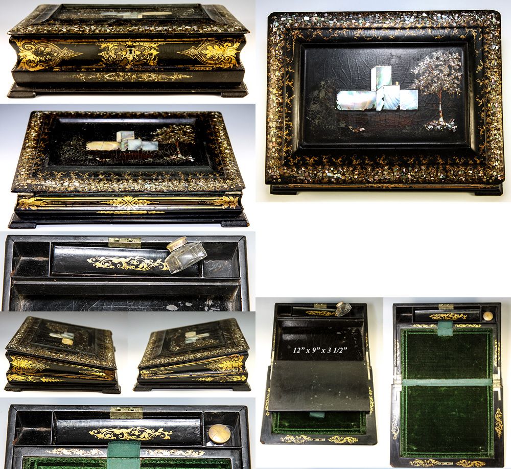 Fine 19th C. Papier Mache Writing Box, Slope, HP & MO Pearl Inlay Decoration