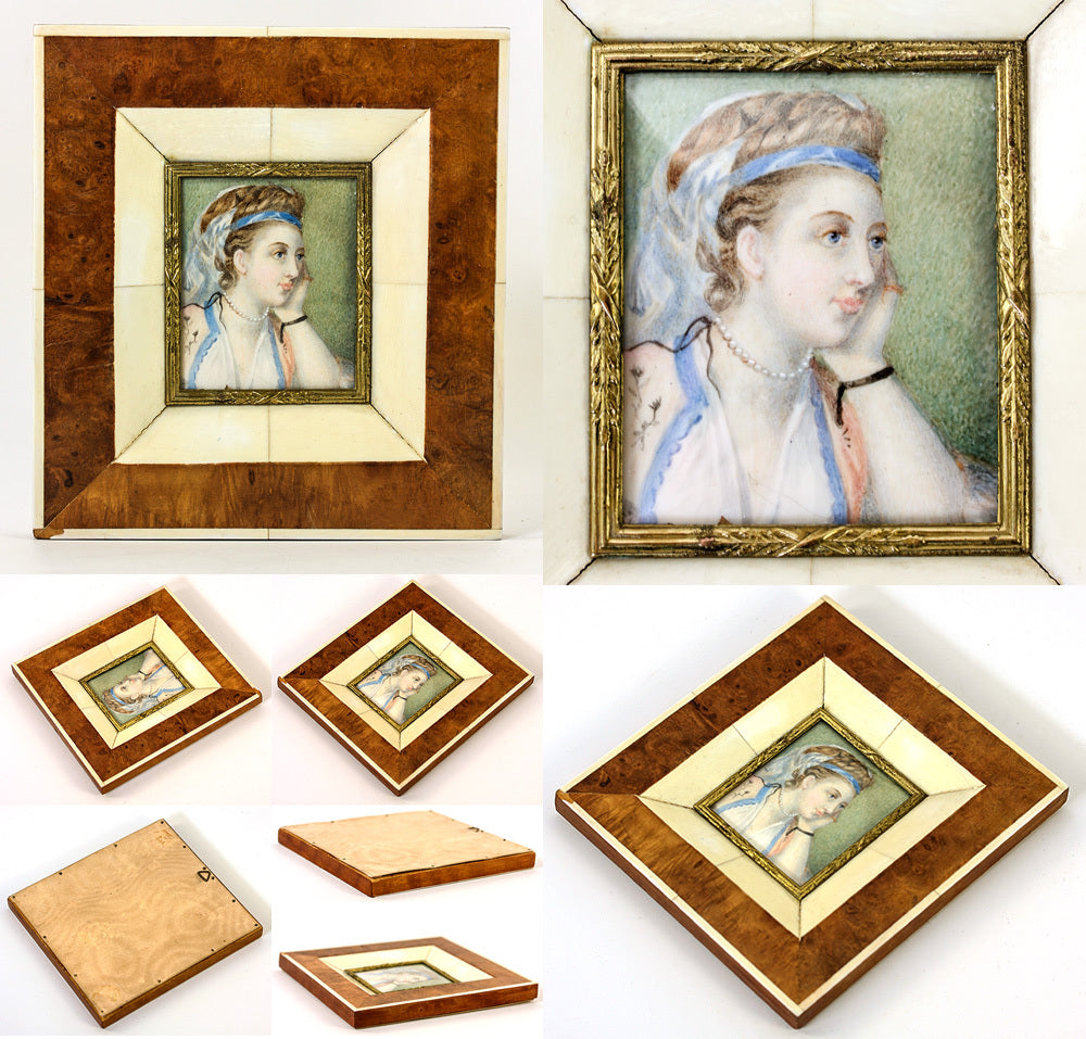 Antique Hand Painted Portrait Miniature in Fab Frame, Exotic Costumed Lady