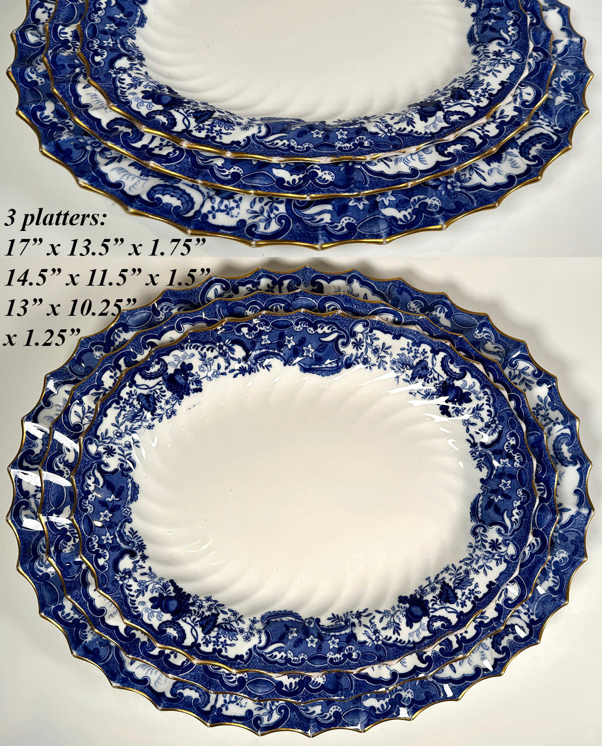 RARE Matching Set of 3 Large c.1890 English Flow Blue Transferware Platters, by Copeland (Spode) "May"