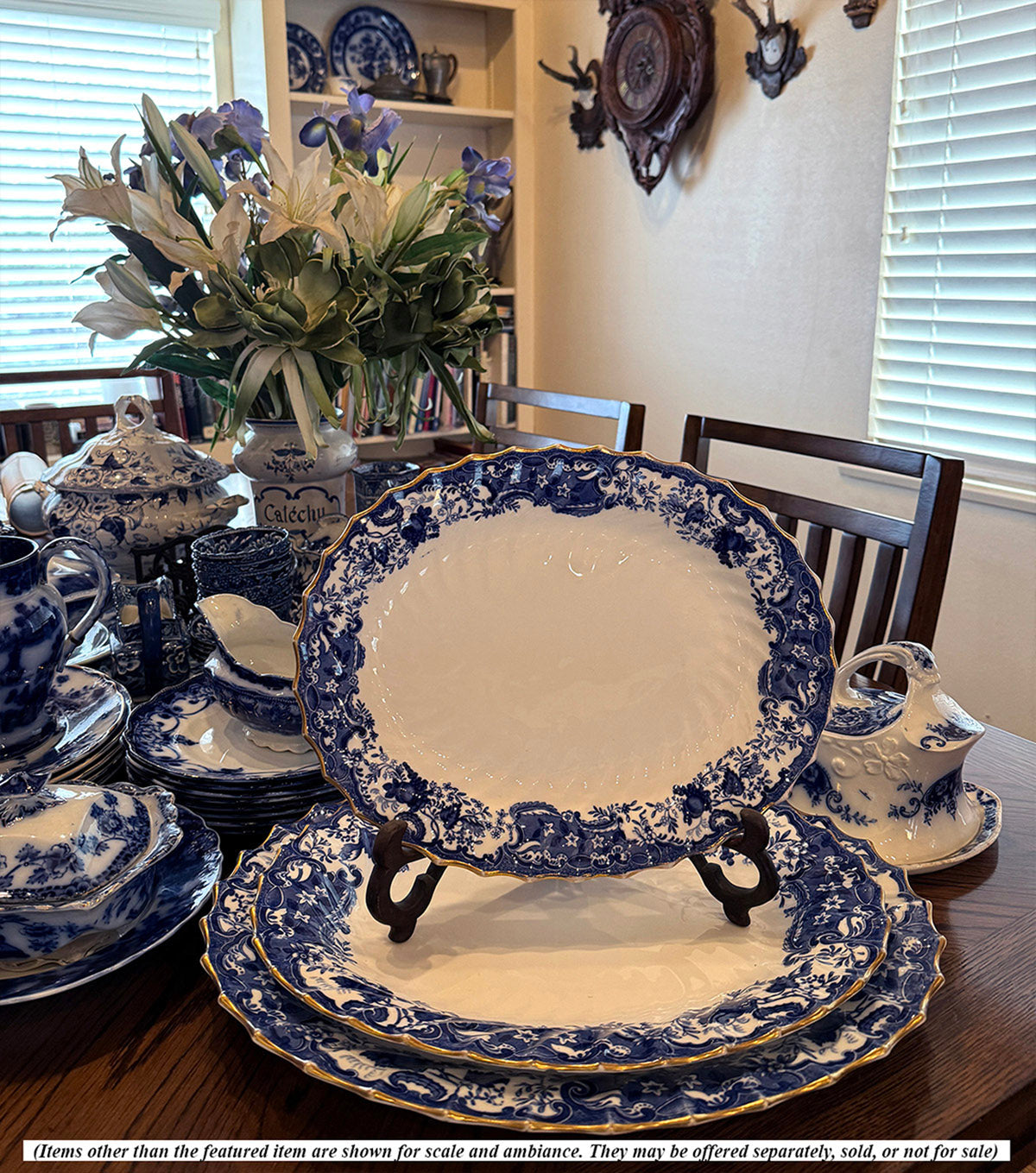 RARE Matching Set of 3 Large c.1890 English Flow Blue Transferware Platters, by Copeland (Spode) "May"