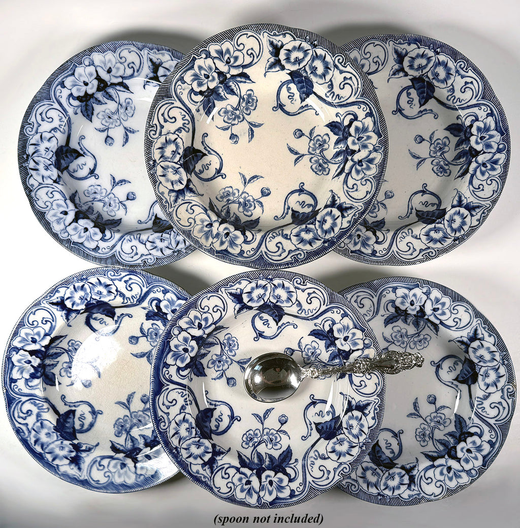 Set of 6 Antique French Flow Blue Faïence Pottery Soup Bowl Plates, "Flora" Pattern by B & Tie, Creil Montreal