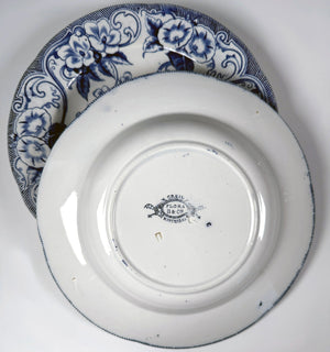 Set of 6 Antique French Flow Blue Faïence Pottery Soup Bowl Plates, "Flora" Pattern by B & Tie, Creil Montreal