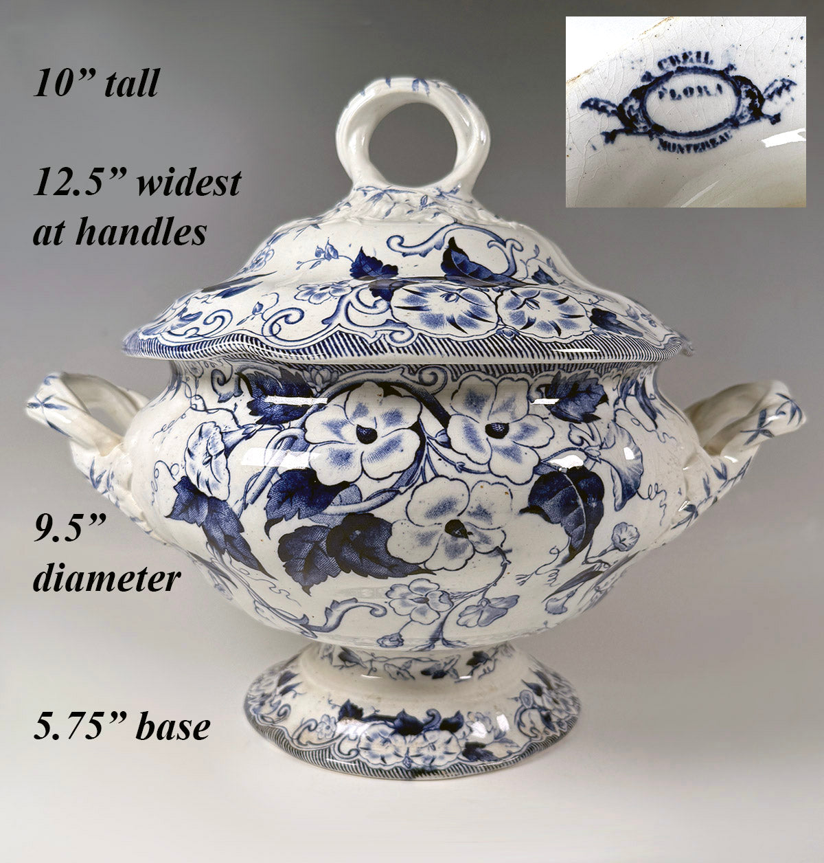 Big Antique French Flow Blue Faïence Pottery Soup Bowl Tureen & Lid, "Flora" Pattern by B & Tie, Creil Montreal