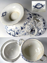 Big Antique French Flow Blue Faïence Pottery Soup Bowl Tureen & Lid, "Flora" Pattern by B & Tie, Creil Montreal