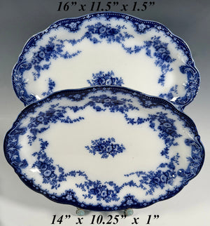 Pair of Large Antique English China Victorian Flow Blue Serving Platters, Plates, "Florida" Pattern by Grindley