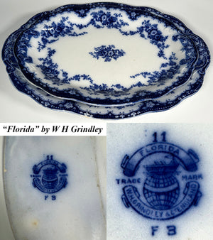 Pair of Large Antique English China Victorian Flow Blue Serving Platters, Plates, "Florida" Pattern by Grindley