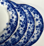 Set of 4 Large Antique English China Victorian Flow Blue Semi Porcelain Dinner Plates, Floral Plates c.1894
