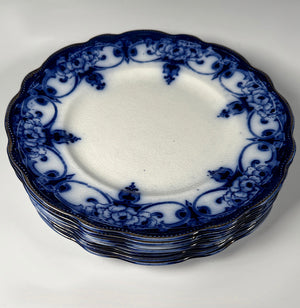 Fine Antique English Flow Blue Transferware Plates, Set of 8 Myott Sons & Co., "Monarch" Pattern