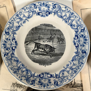 RARE Set of 6 Antique French "Assiettes Parlante" (Talking Plates) with Bullfight Theme, GIEN Blue Transferware