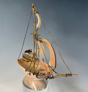 Superb 19th Century Antique French Napoleon III Era Mother of Pearl Sailboat Boat Inkwell, Desk Stand