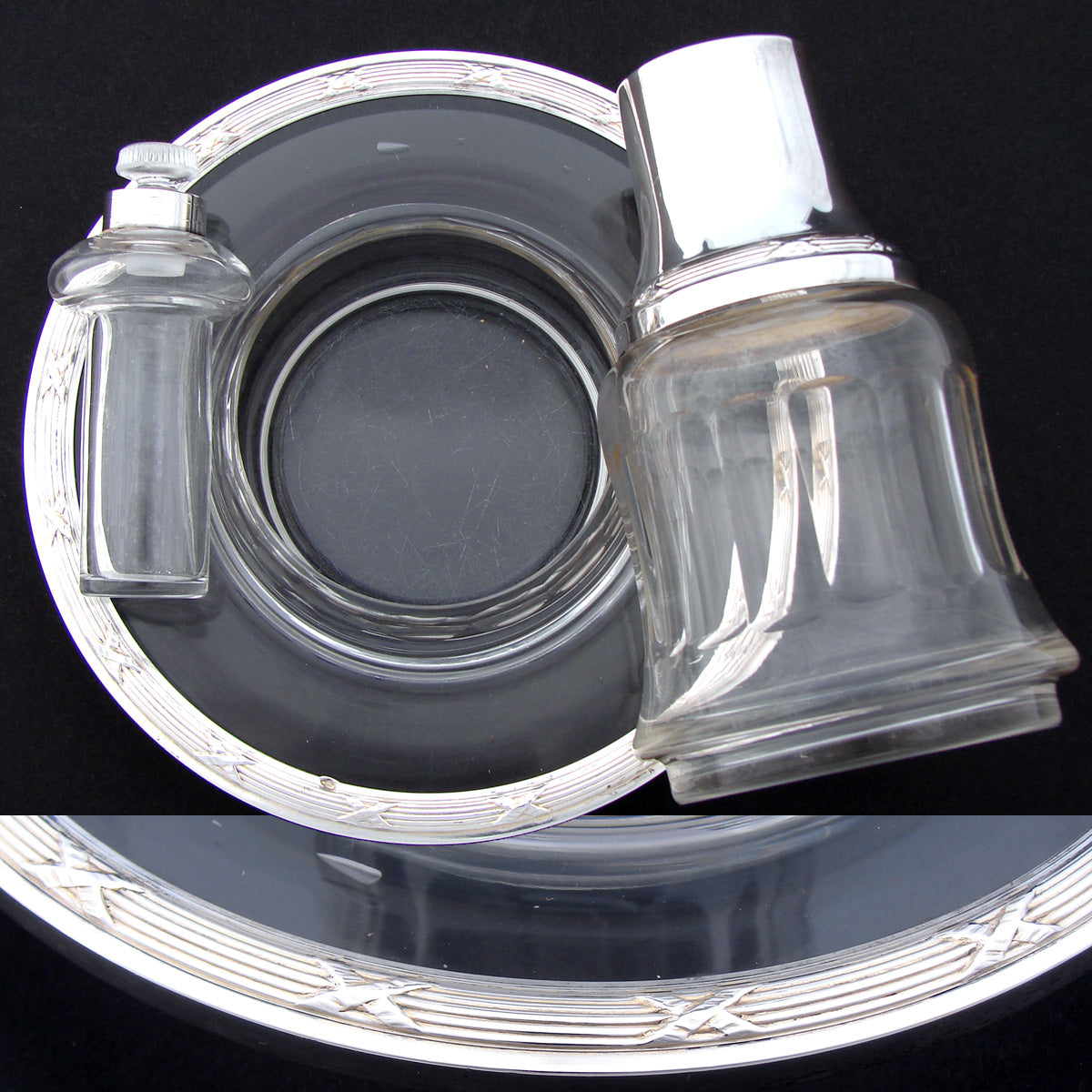 Antique French Sterling Silver & Cut Glass Bonne Nuit Decanter Set, Flask & Tray