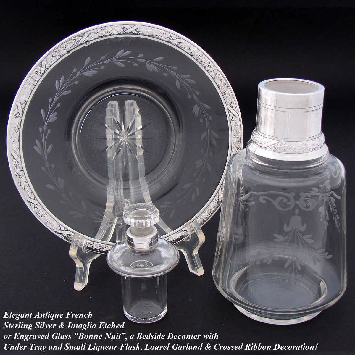 Antique French Sterling Silver & Intaglio Glass Bonne Nuit Decanter Set, Flask & Tray