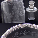 Antique French Sterling Silver & Intaglio Glass Bonne Nuit Decanter Set, Flask & Tray