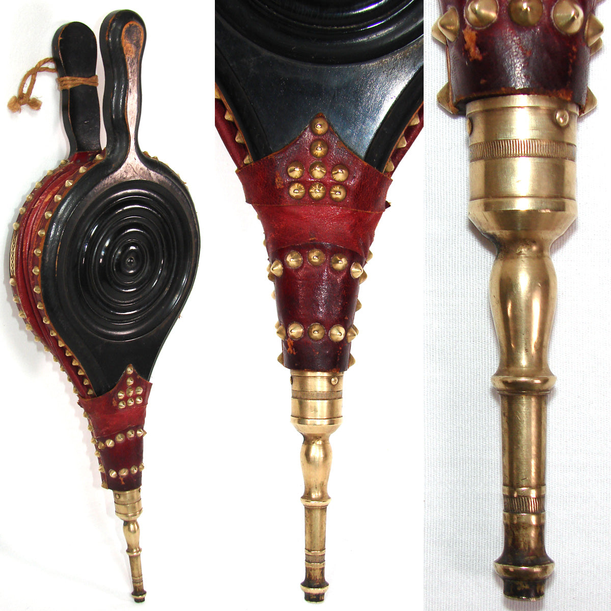 Rare 19th C French Napoleon III Carved Wood Fireplace Bellows with Ebonized Finish, Original Red Leather Baffles!