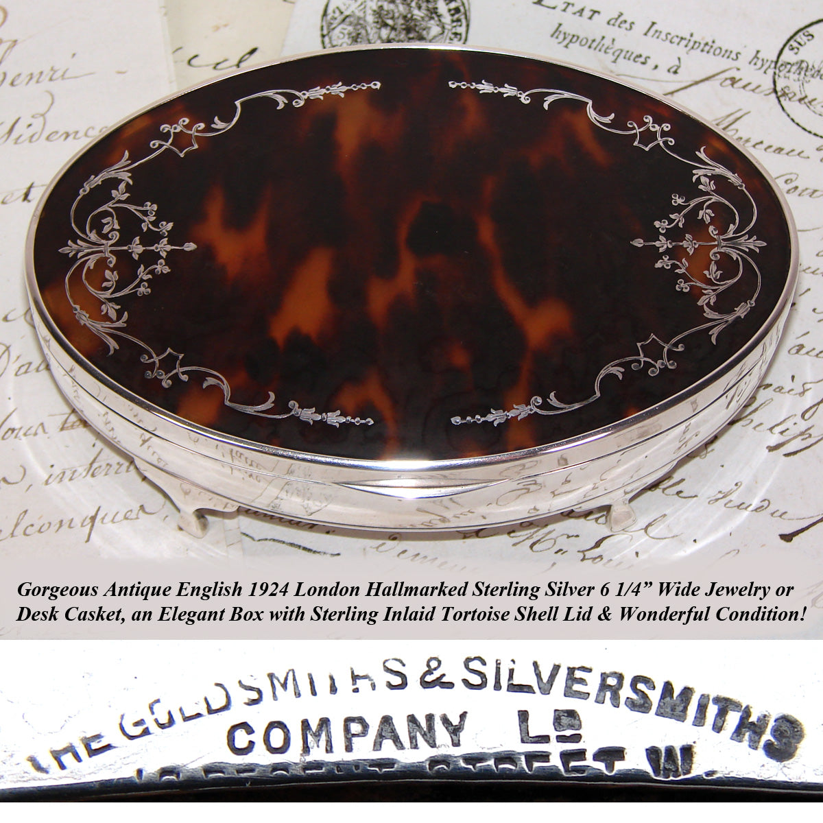 Antique 1924 London Hallmarked 6.25" Sterling Silver & Tortoise Shell Jewel or Desk Casket, Silver Inlay