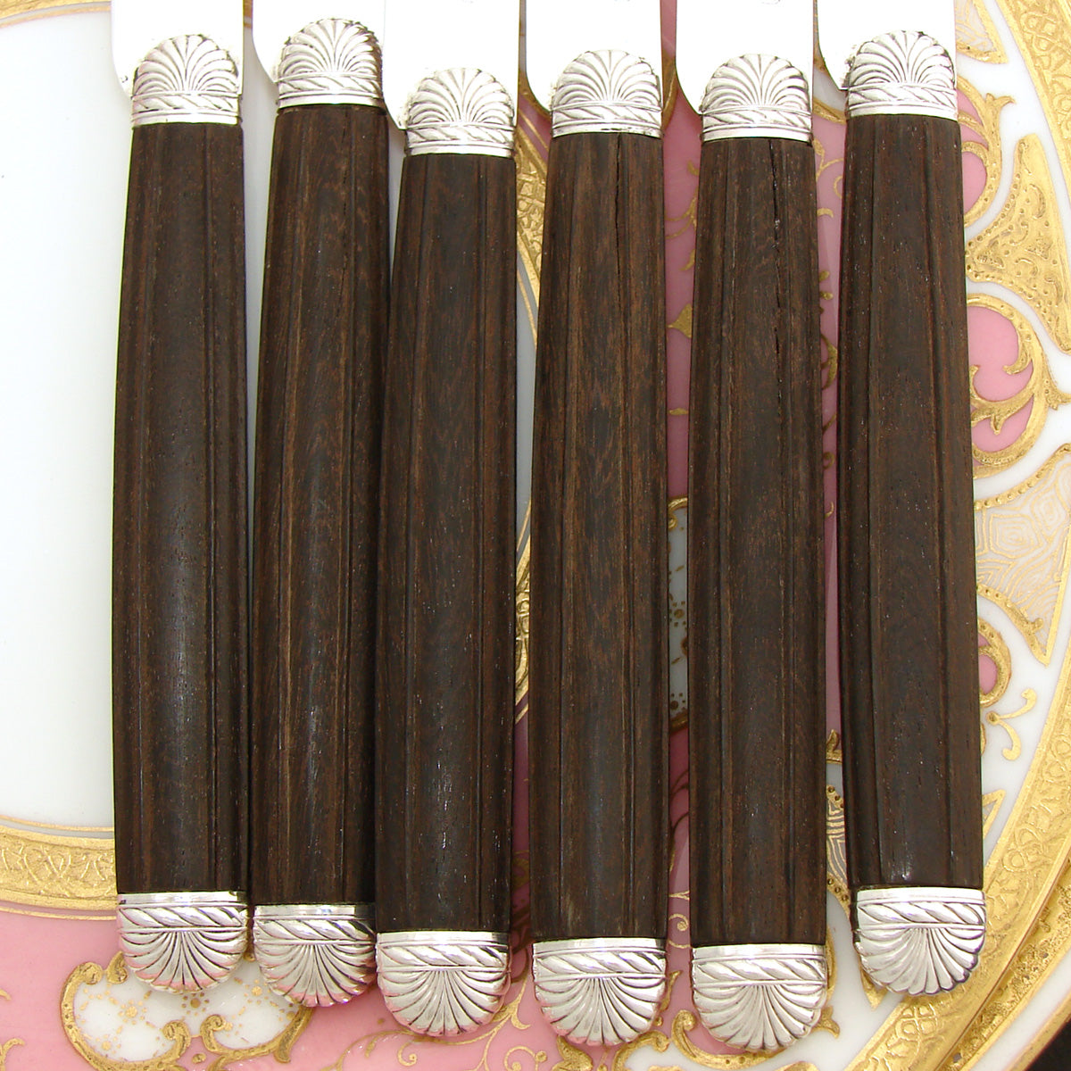 Antique French Sterling Silver & Rosewood 6pc Entremet, Luncheon or Fruit Knife Set