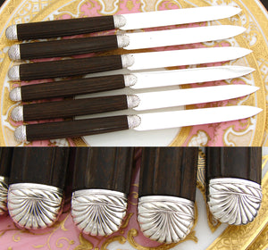 Antique French Sterling Silver & Rosewood 6pc Entremet, Luncheon or Fruit Knife Set